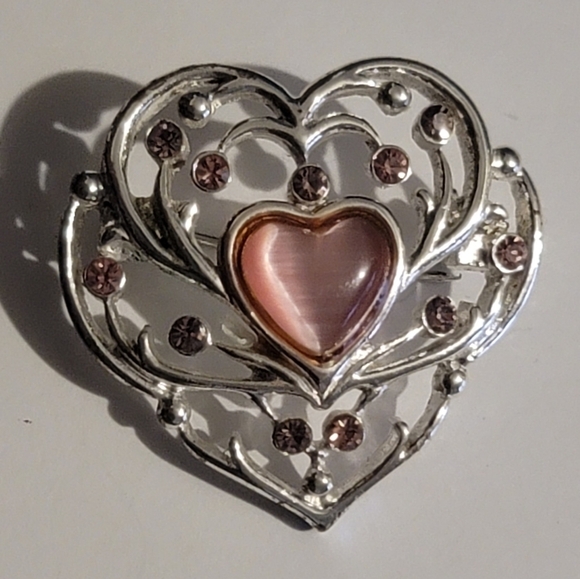 VINTAGE Heart Brooch Pin Silver Tone Pink Glass Cabochon Rhinestone - Picture 4 of 11